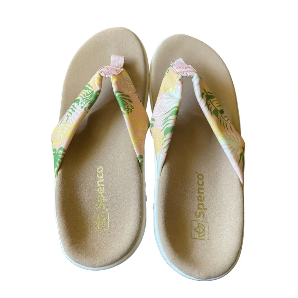 Spenco Yumi Tropical Palm Print Orthotic Thong Sandals Pink Green Mens 10 - Picture 2 of 5